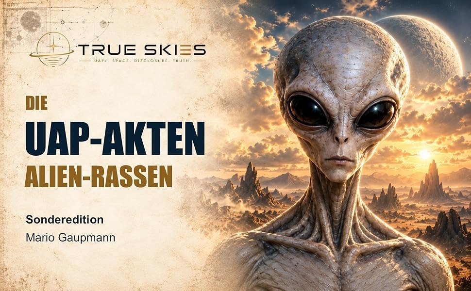 Grey-Alien vor einer Wüstenlandschaft mit Planet am Himmel, daneben der Schriftzug Die UAP-Akten – Alien-Rassen
