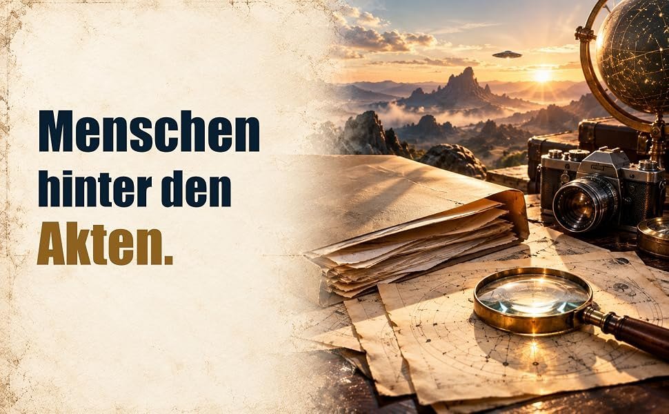 Alte Akten, Lupe und Kamera auf einem Schreibtisch, daneben der Schriftzug Menschen hinter den Akten