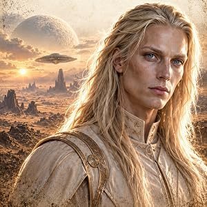 Menschenähnliches Wesen mit langen blonden Haaren, im Hintergrund ein UFO