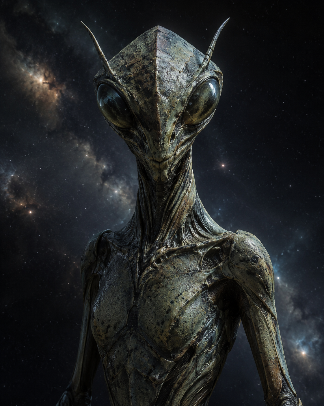 Fotorealistisches KI-Konzeptbild eines insektoiden Mantis-Aliens vor tiefem Weltraum-Hintergrund