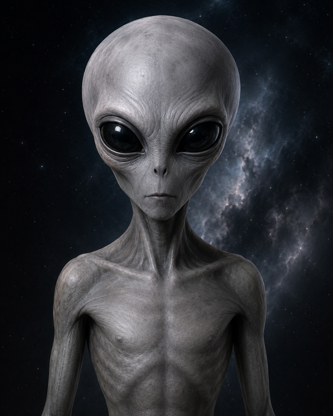 Fotorealistisches KI-Konzeptbild eines Grey Aliens mit großen schwarzen Augen vor Weltraum-Hintergrund